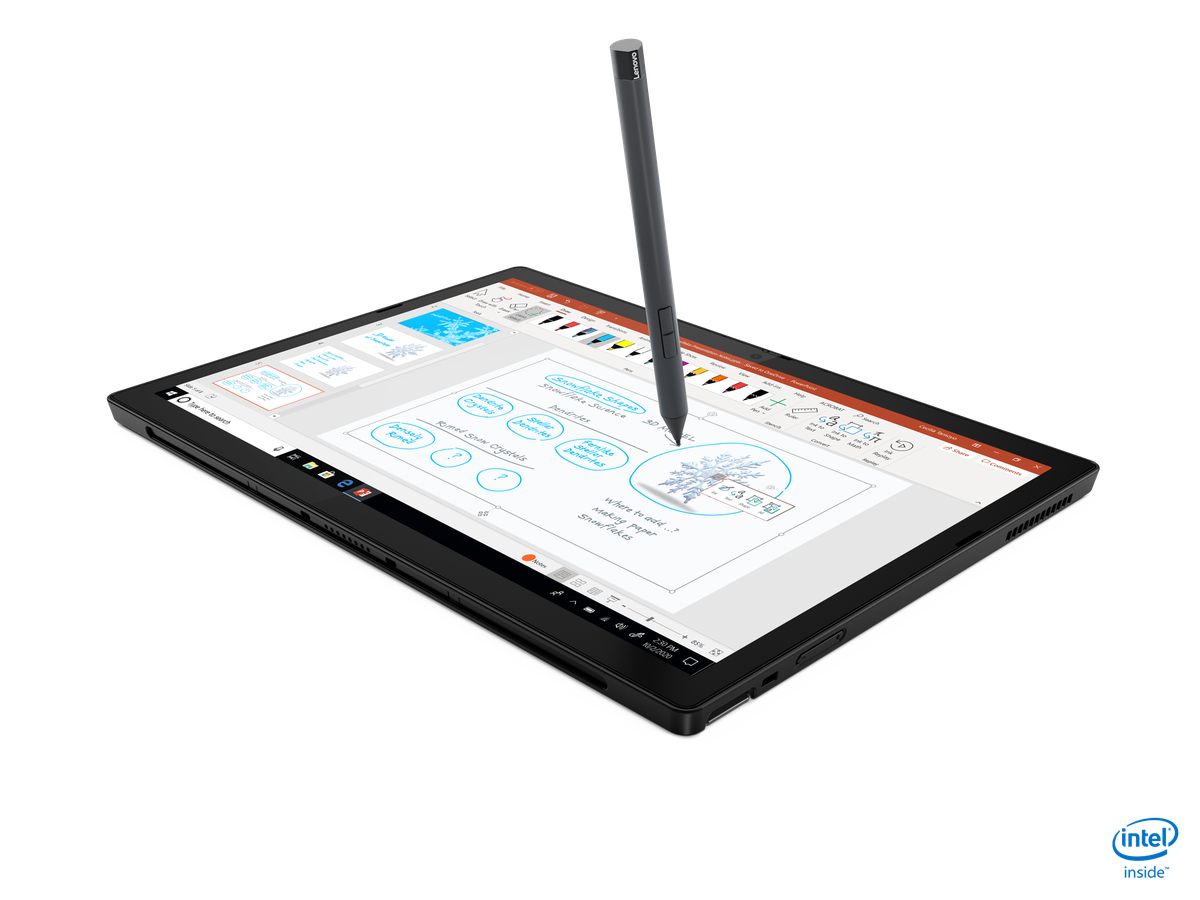 The ThinkPad X12 Detatchable in tablet mode, being written on with a stylus.