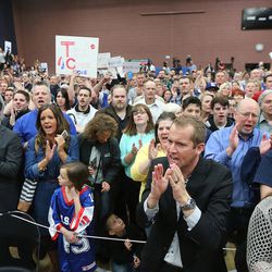 Crowd members cheer as they attend a rally with GOP presidential candidate Ted Cruz, Carly Fiornia and Glenn Beck in Draper at the American Preparatory Academy Saturday, March 19, 2016.