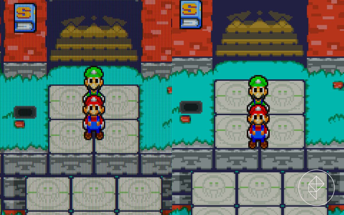 Two comparisons of Mario and Luigi in front of Woohoo Hooniversity. The left image has a grid-like filter over it and the right image is more clear