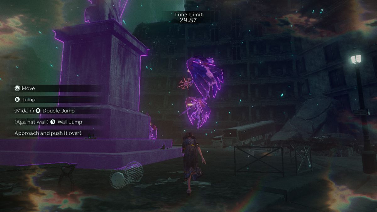 Bayonetta lunches forward towards purple glowing birds around a statue