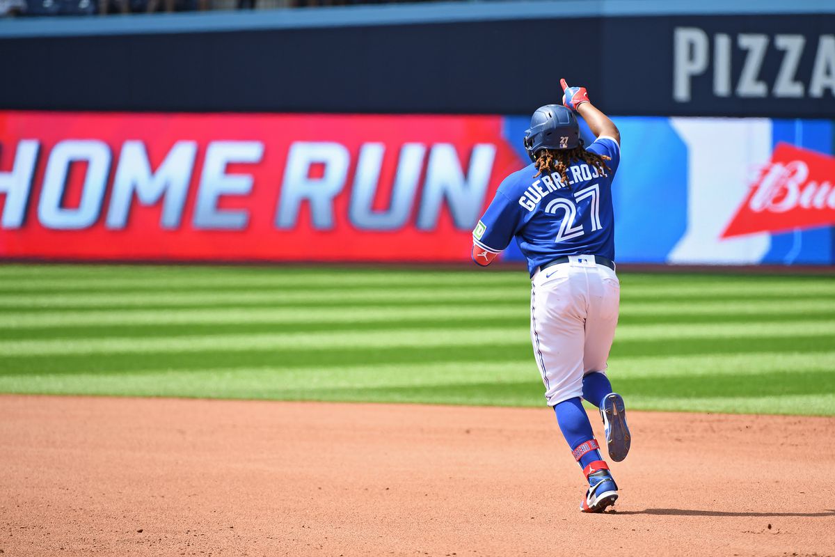 Toronto Blue Jays First base Vladimir Guerrero Jr. celebrates a home run during the regular season MLB game between the San Diego Padres and Toronto Blue Jays on July 20, 2023 at Rogers Centre in Toronto, ON.