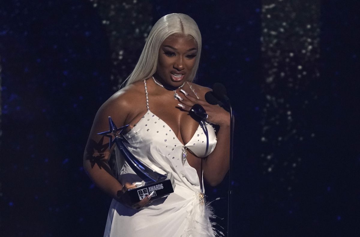 Megan Thee Stallion accepts the best female hip hop artist award at the BET Awards on Sunday night at the Microsoft Theater in Los Angeles.&nbsp;