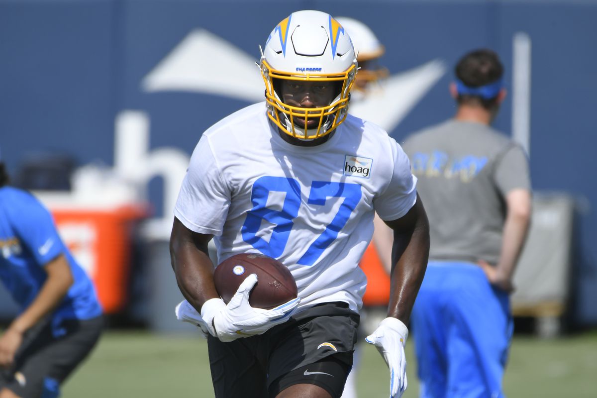 Jared Cook #87 of the Los Angeles Chargers during mandatory minicamp at the Hoag Performance Center on June 16, 2021 in Costa Mesa, California.