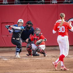 FILE: BYU outfielder Rylee Jensen (2) hits a triple in the second inning off Utah starting pitcher Hailey Hilburn (30) as the University of Utah Utes host the Brigham Young's Cougars at Duke Stadium in Salt Lake City, Utah on Wednesday, April 18, 2018.