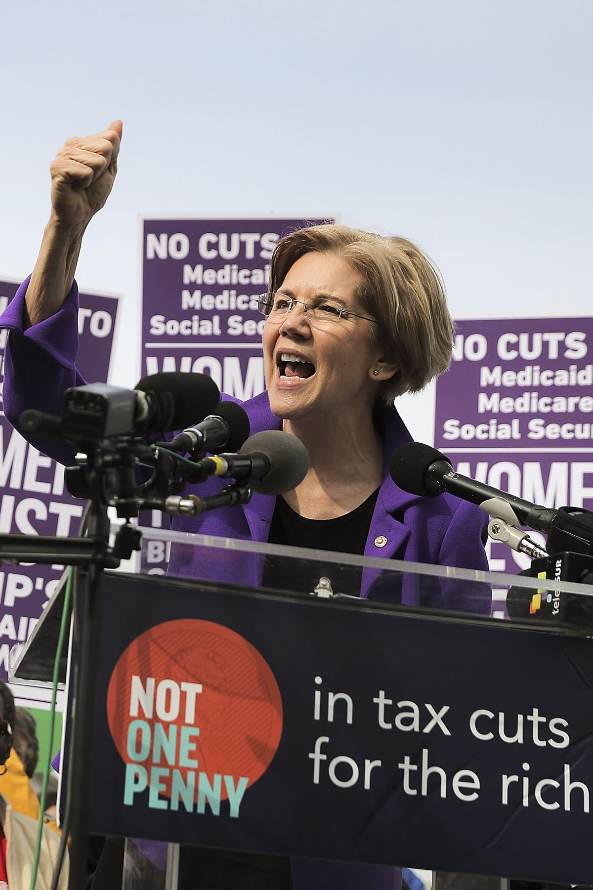 Sen. Warren (D-MA) addresses a rally against the Republican tax plan outside the U.S. Capitol on November 1, 2017.