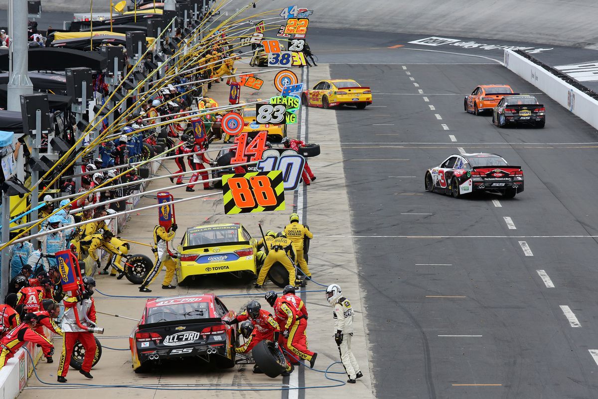 A general view of pit road during the NASCAR Sprint Cup Series Bass Pro Shops NRA Night Race at Bristol Motor Speedway on August 21, 2016 in Bristol, Tennessee.