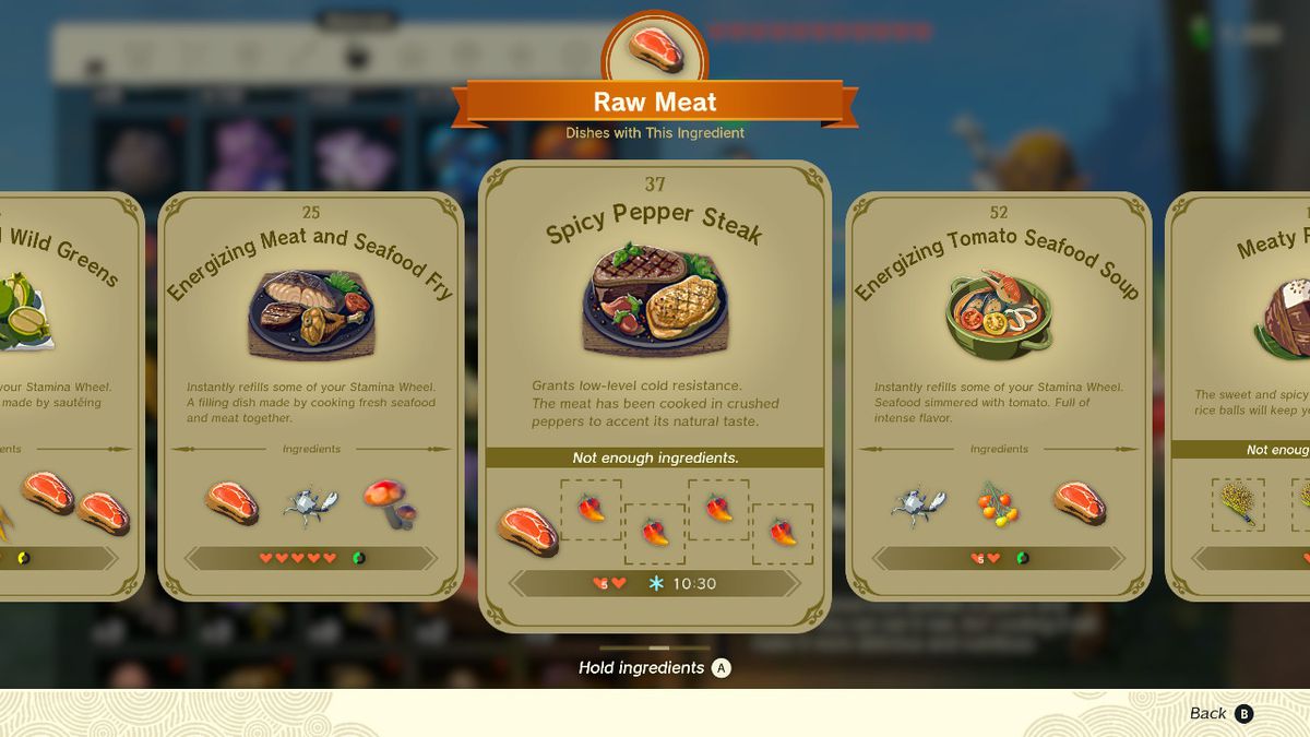 A screenshot of the Spicy Pepper Steak recipe in Zelda: Tears of the Kingdom