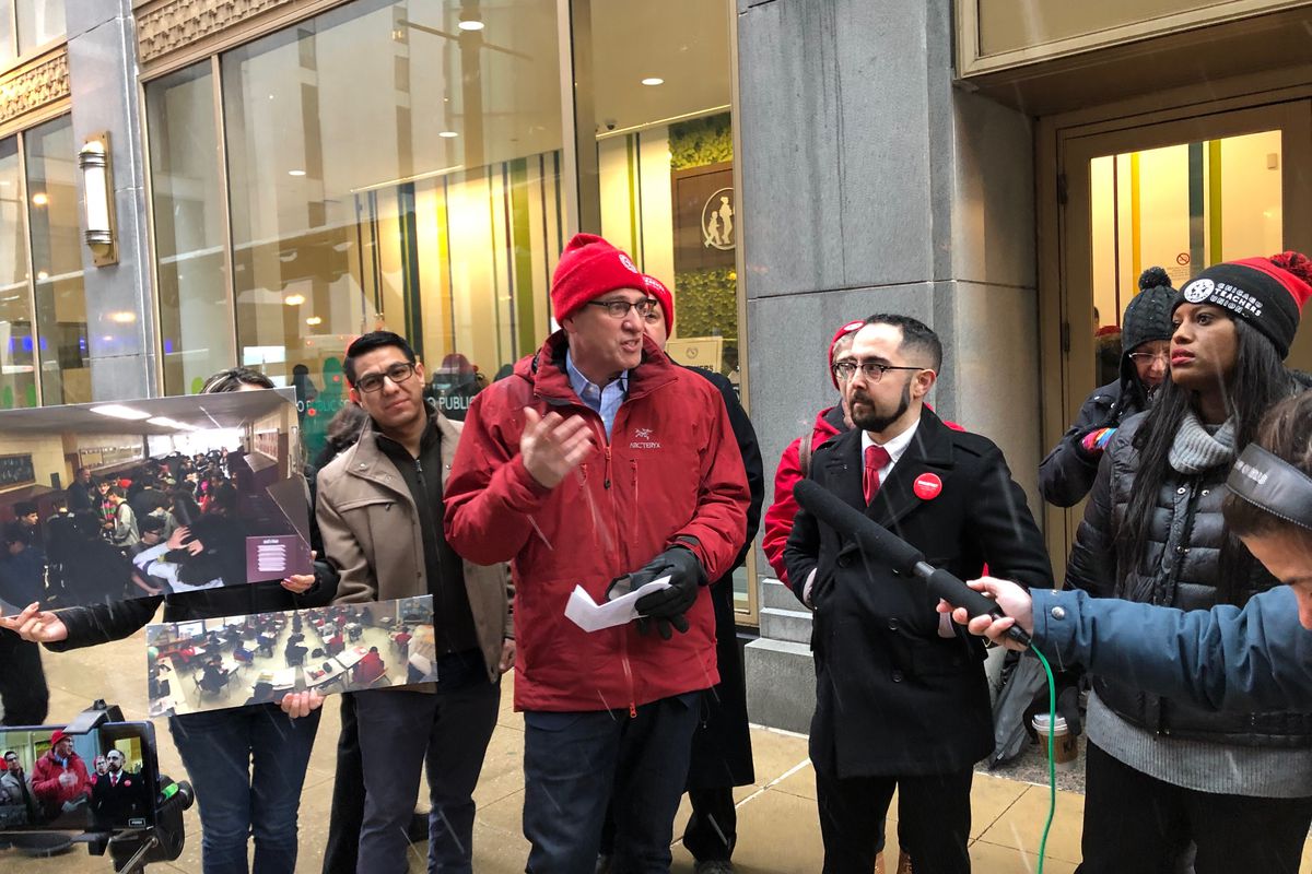 Jesse Sharkey, president of the Chicago Teachers Union, speaks outside the Chicago board of education meeting on  Jan. 23, 2019.