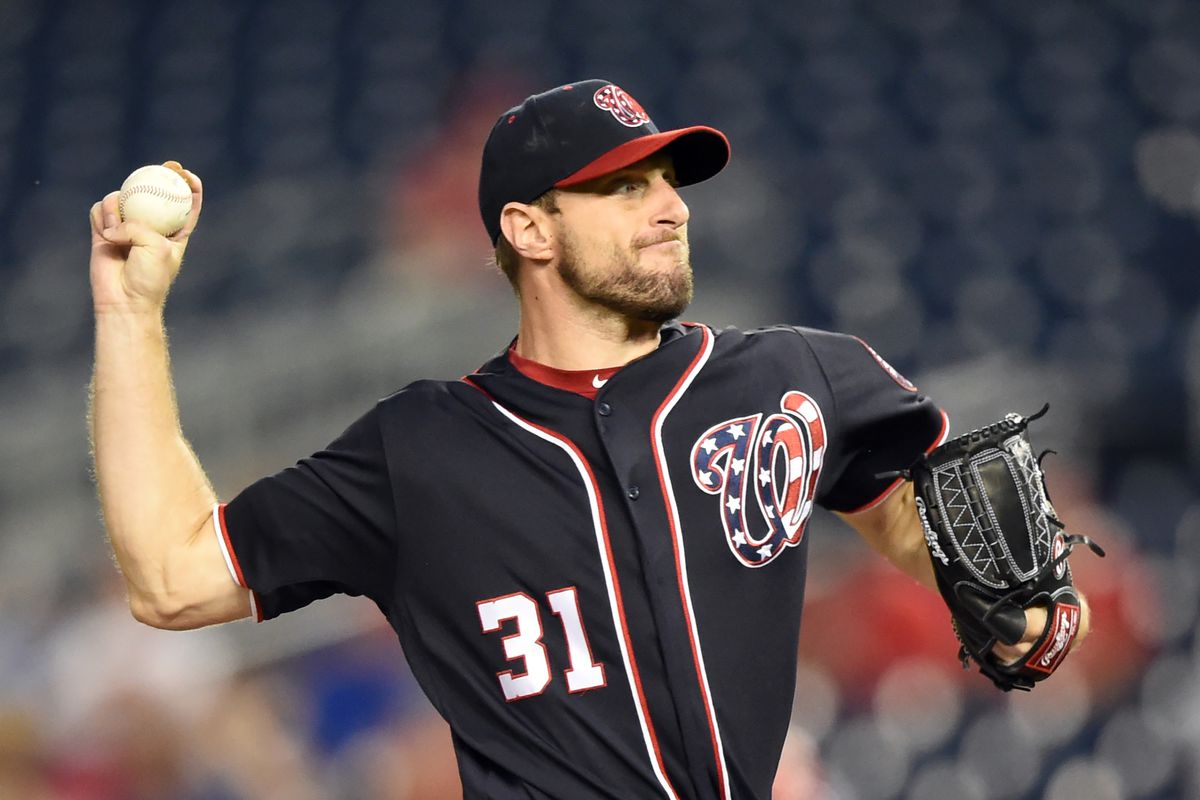 Max Scherzer of the Washington Nationals pitches in the first inning during game two of a doubleheader baseball game against the Philadelphia Phillies at Nationals Park on September 24, 2019 in Washington, DC.