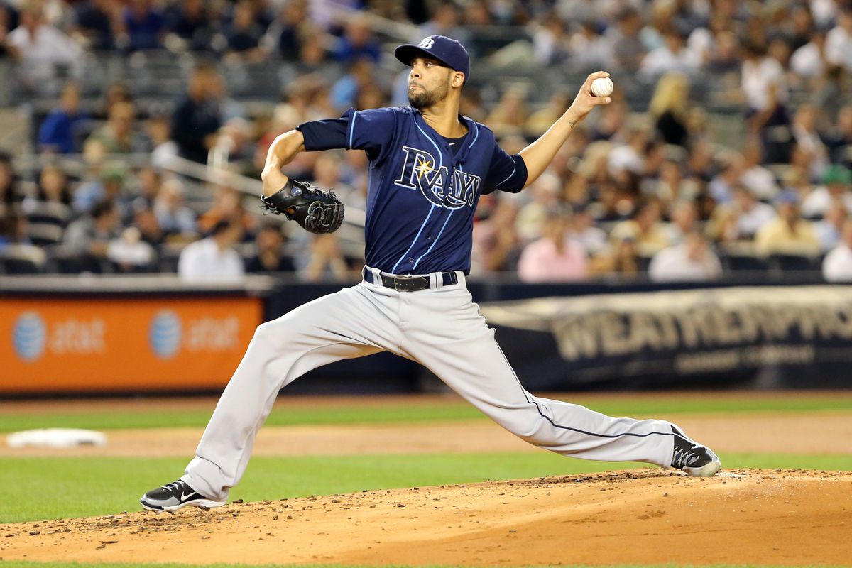 Bronx, NY, USA;  Tampa Bay Rays starting pitcher David Price (14) pitches during the first inning against the New York Yankees at Yankee Stadium. Mandatory Credit: Anthony Gruppuso-US PRESSWIRE