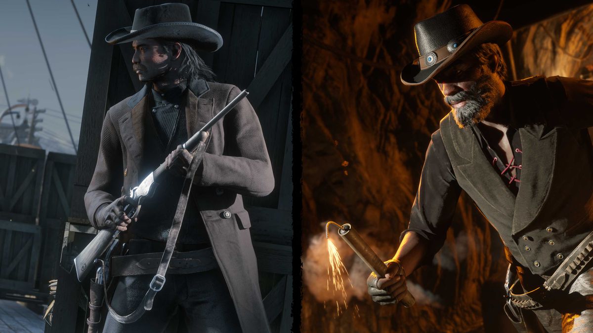 Red Dead Online - two robbers in long coats and wide-brimmed hats prepare to attack. One of them has a lit stick of dynamite, while the other prepares his rifle.