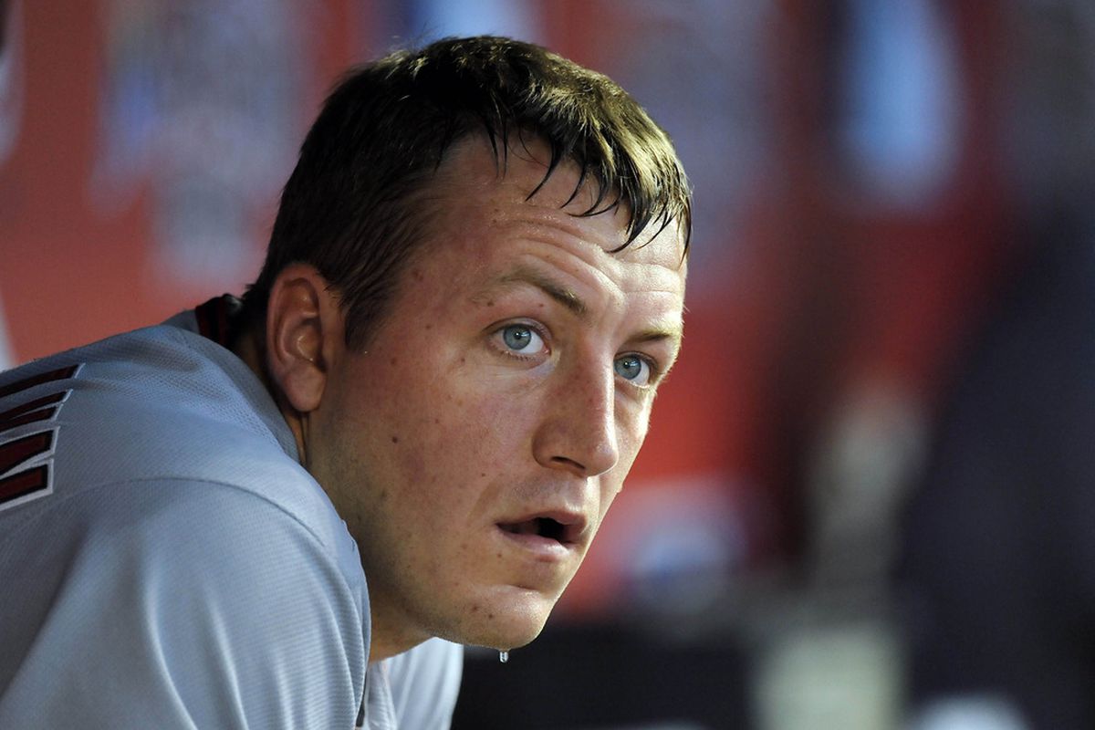 May 28, 2012; Miami, FL, USA; Washington Nationals starting pitcher Jordan Zimmermann (27) sits in the dugout during the second inning against the Miami Marlins at Marlins Park. Mandatory Credit: Steve Mitchell-US PRESSWIRE