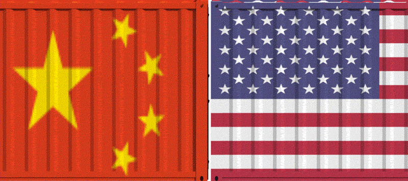 An animated graphic shows two railway freight cars moving back and forth, one with the American flag superimposed on it and one with the Chinese flag superimposed on it.