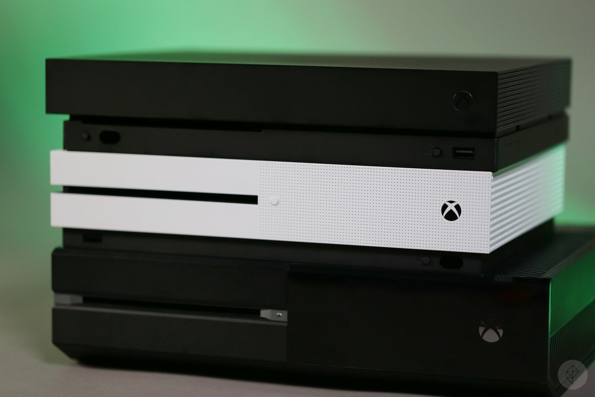 Xbox One, Xbox One S, Xbox One X stack - front right angle view