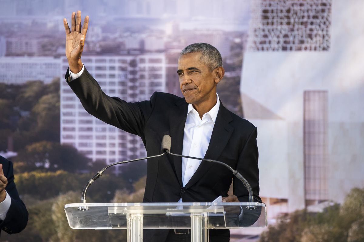 Former President Barack Obama speaks in Jackson Park on Tuesday before breaking ground for the Obama Presidential Center.