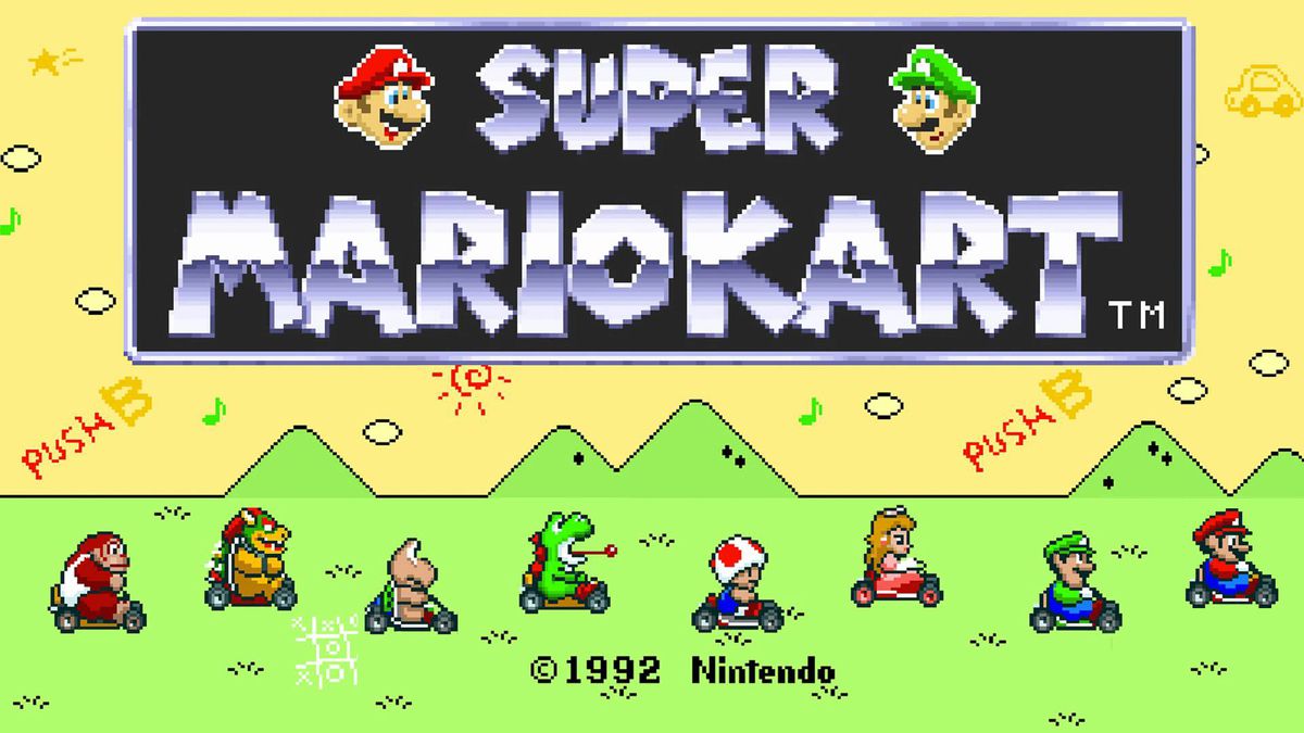 Super Mario Kart’s title screen, showing a variety of characters and the game’s logo