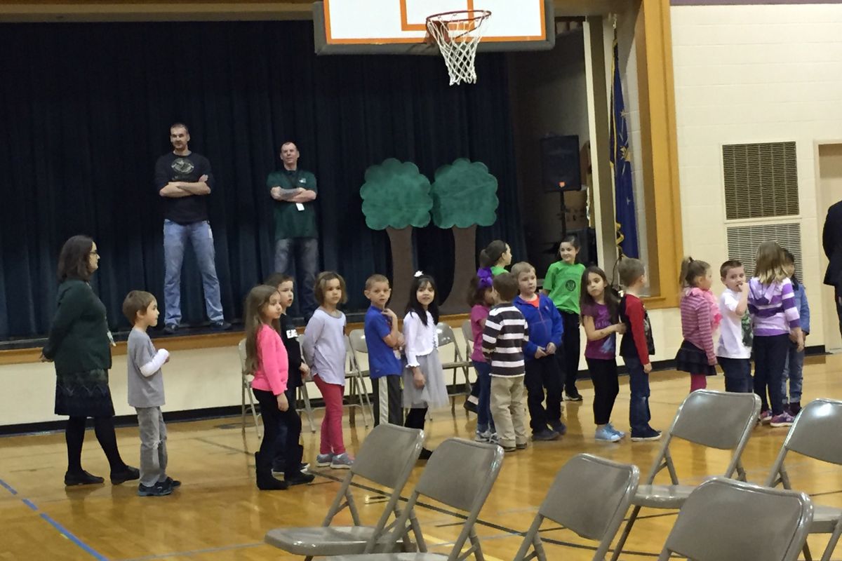 Students at Eagle Elementary School in Zionsville line up to for an assembly.