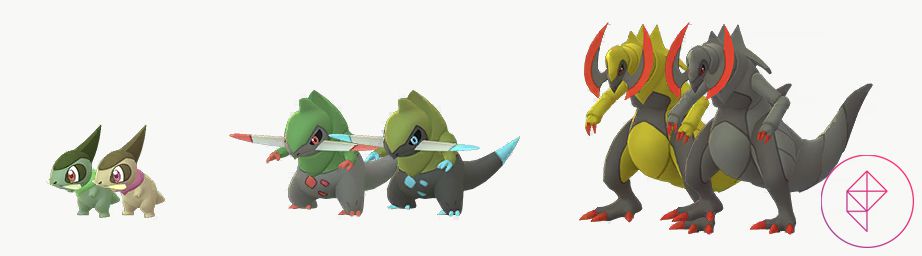Axew, Fraxure and Haxorus with their shiny forms in Pokémon Go. Shiny Axew becomes more yellow-brown, Shiny Fraxure becomes yellow-green with blue accents, and Shiny Haxorus becomes black and red.