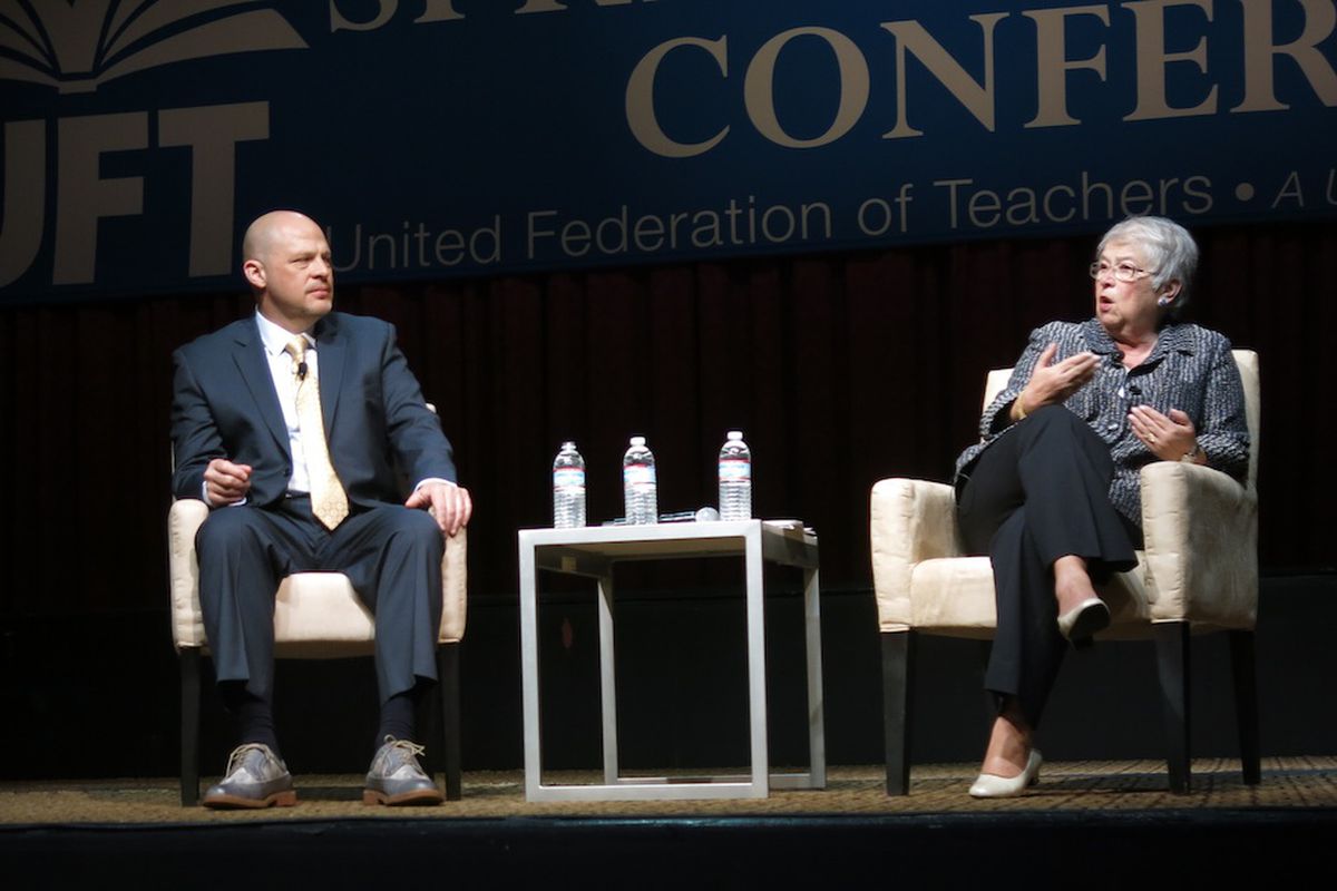 UFT President Michael Mulgrew and Chancellor Carmen Fariña, along with principals union leaders, agreed on a plan Thursday to overhaul two struggling schools.