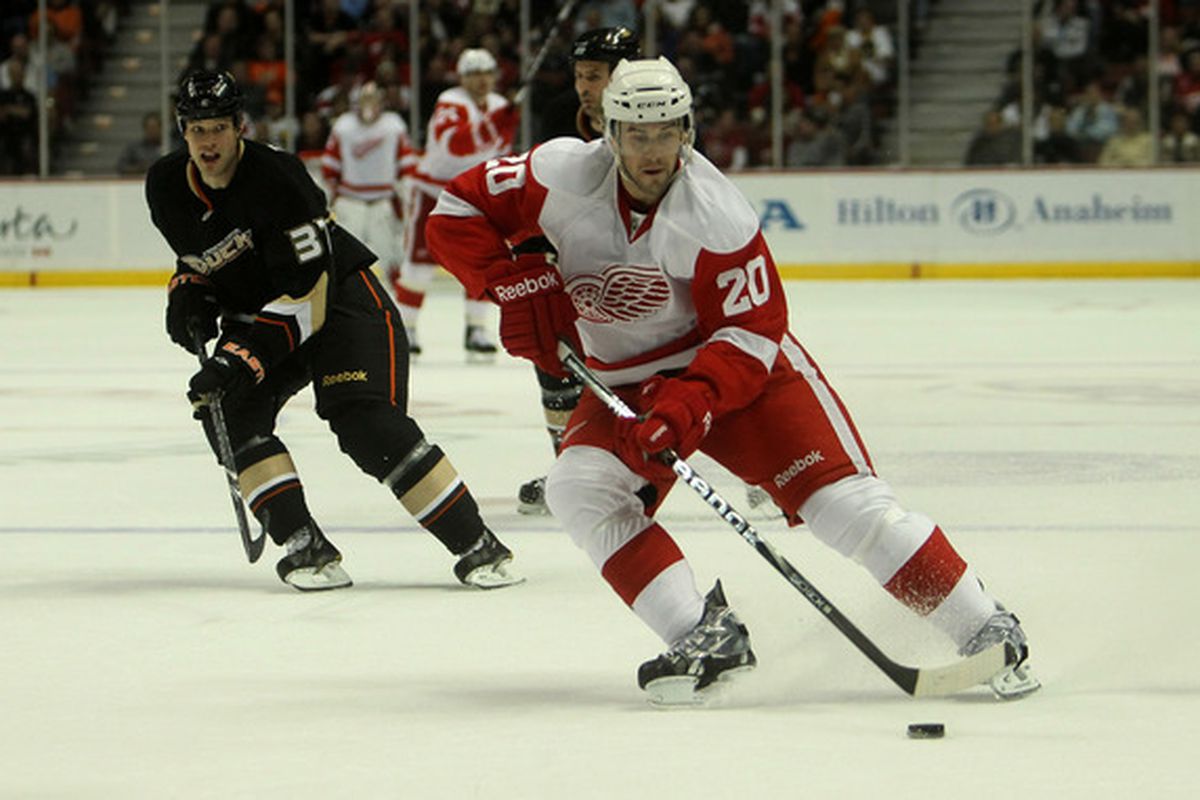 ANAHEIM, CA - MARCH 2:  Drew Miller #20 of the Detroit Red Wings carries the puck against the Anaheim Ducks on March 2, 2011 at the Honda Center in Anaheim, California.   The Ducks won 2-1 in overtime.  (Photo by Stephen Dunn/Getty Images)