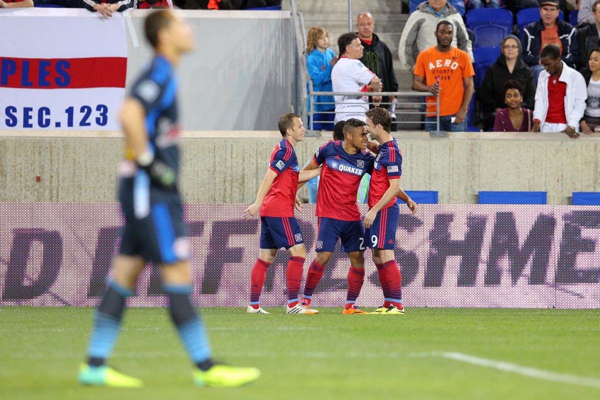 Mike Magee, Quincy Amarikwa, and Harrison Shipp celebrate a goal - they've been doing that a lot this season