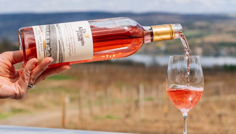 A hand pours a bottle of rose into a wine glass in front of a sunny vineyard in spring