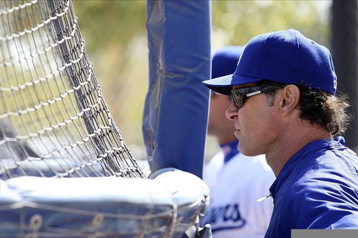 Feb 28, 2012; Glendale, AZ, USA; Los Angeles Dodgers manager Don Mattingly (8) during a workout at Camelback Ranch.  Mandatory Credit: Jake Roth-US PRESSWIRE