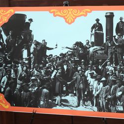 The iconic photo of the completion of the transcontinental railroad on May 10, 1869, is pictured at Utah's Hogle Zoo in Salt Lake City on Tuesday, May 7, 2019. In celebration of the 150th anniversary of the completion of the railroad, the zoo is offering a host of activities, including two C.P. Huntington locomotives, situated nose to nose, replicating the iconic photo of 1869. Visitors can also take a peek at another icon of the American West — three bison that have arrived at the zoo for the summer.