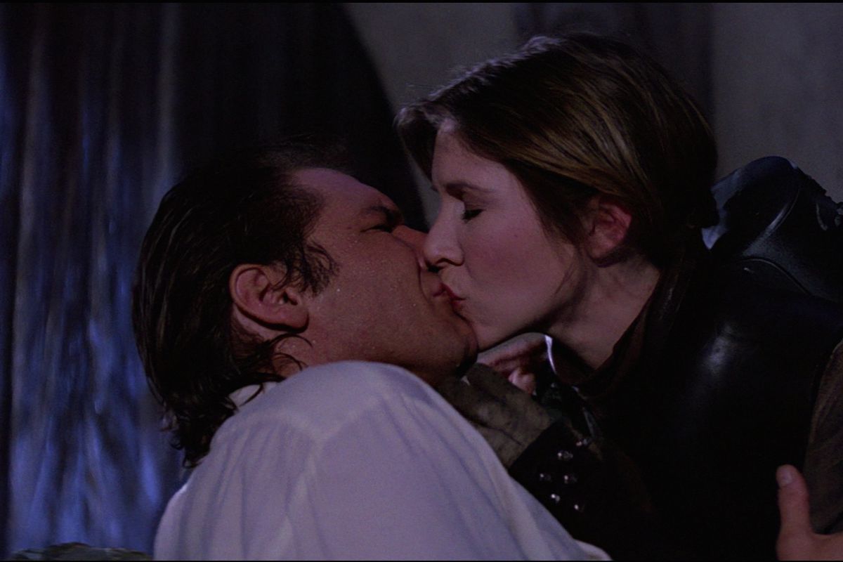 Han Solo and Princess Leia kissing in Star Wars Episode VI: Return of the Jedi
