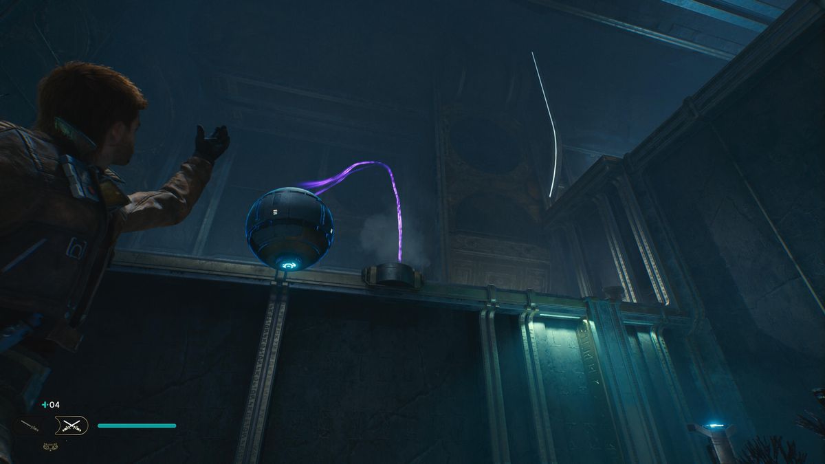 Cal Kestis tosses an orb in a socket to activate an elevator in the Chamber of Reason.