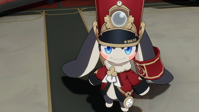 Pom-pom, a black and white rabbit-like creature in a train conductor outfit, in Honkai: Star Rail