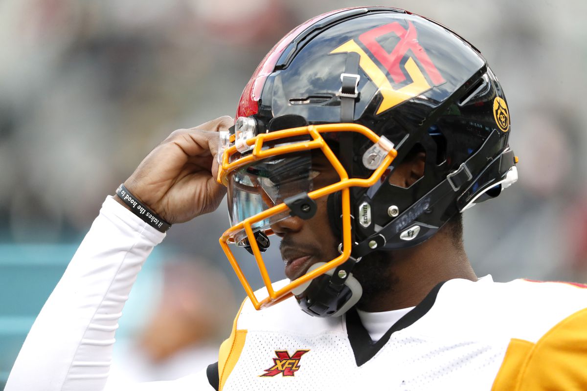 Josh Johnson of the Los Angeles Wildcats adjusts his helmet in between plays during the second half of their XFL game against the New York Guardians at MetLife Stadium on February 29, 2020 in East Rutherford, New Jersey. The Guardians won 17-14.
