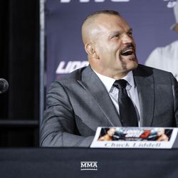 Chuck Liddell laughs at the final Liddell vs. Ortiz 3 press conference in Inglewood, Calif.