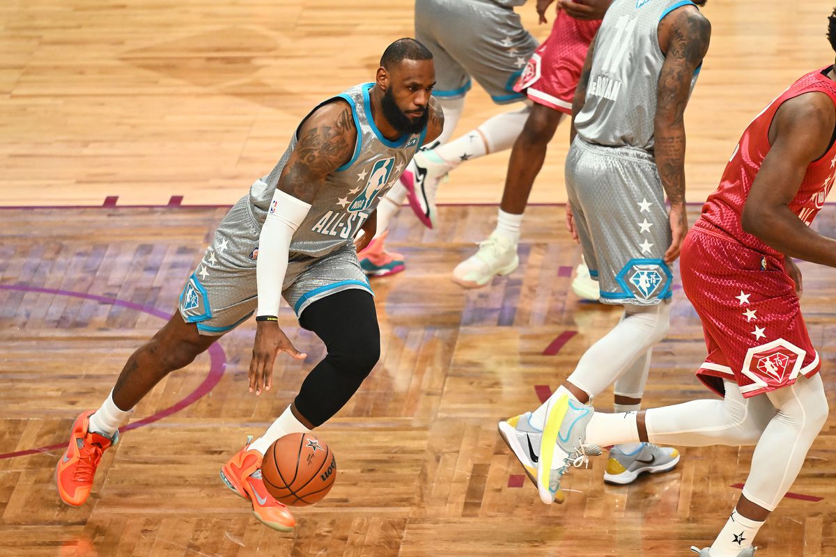 LeBron James #6 of Team LeBron dribbles the ball in the third quarter against Team Durant during the 2022 NBA All-Star Game at Rocket Mortgage Fieldhouse on February 20, 2022 in Cleveland, Ohio.&nbsp;