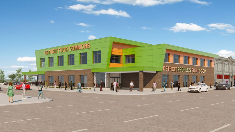 Architectural rendering of a large green commercial building with a “Detroit People’s Food Co-op” sign on the side.