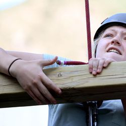 Chloe Thompson, of Salt Lake City, hoists herself up during an Ulster Project activity at a ropes course outside the University of Utah Neuropsychiatric Institute in Salt Lake City on Wednesday, June 29, 2016. The Ulster Project’s mission is to help young, Christian-based potential leaders from Northern Ireland and the United States become peacemakers by providing a safe environment to learn and practice the skills needed to unite people when differences divide them. The Ulster Project of Utah has been bringing a dozen teens from Northern Ireland for a month each summer. Half the group comes from Catholic families and half from Protestant families.