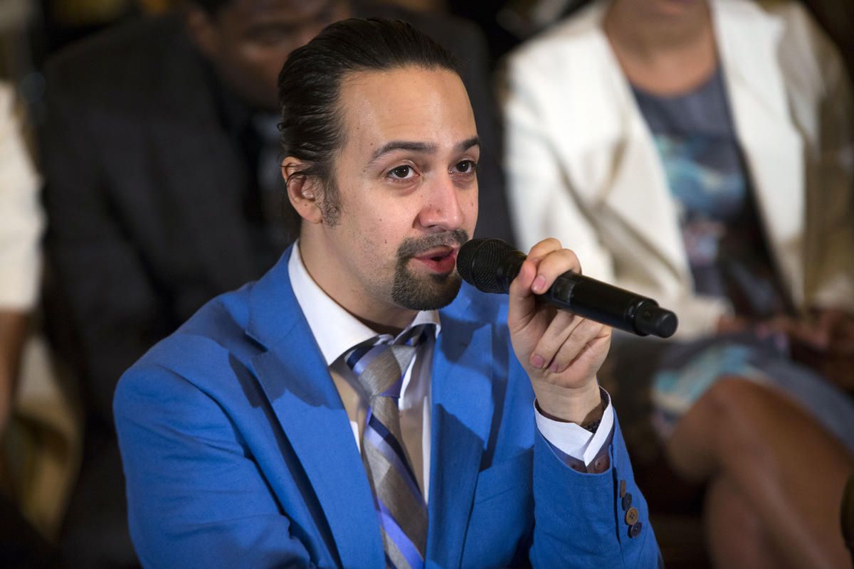 In this March 14, 2016 photo, Actor Lin-Manuel Miranda speaks during an event with the cast of the Broadway play "Hamilton" in the East Room of the White House in Washington. America’s first Treasury secretary says it’s time for Congress to help dig Puert