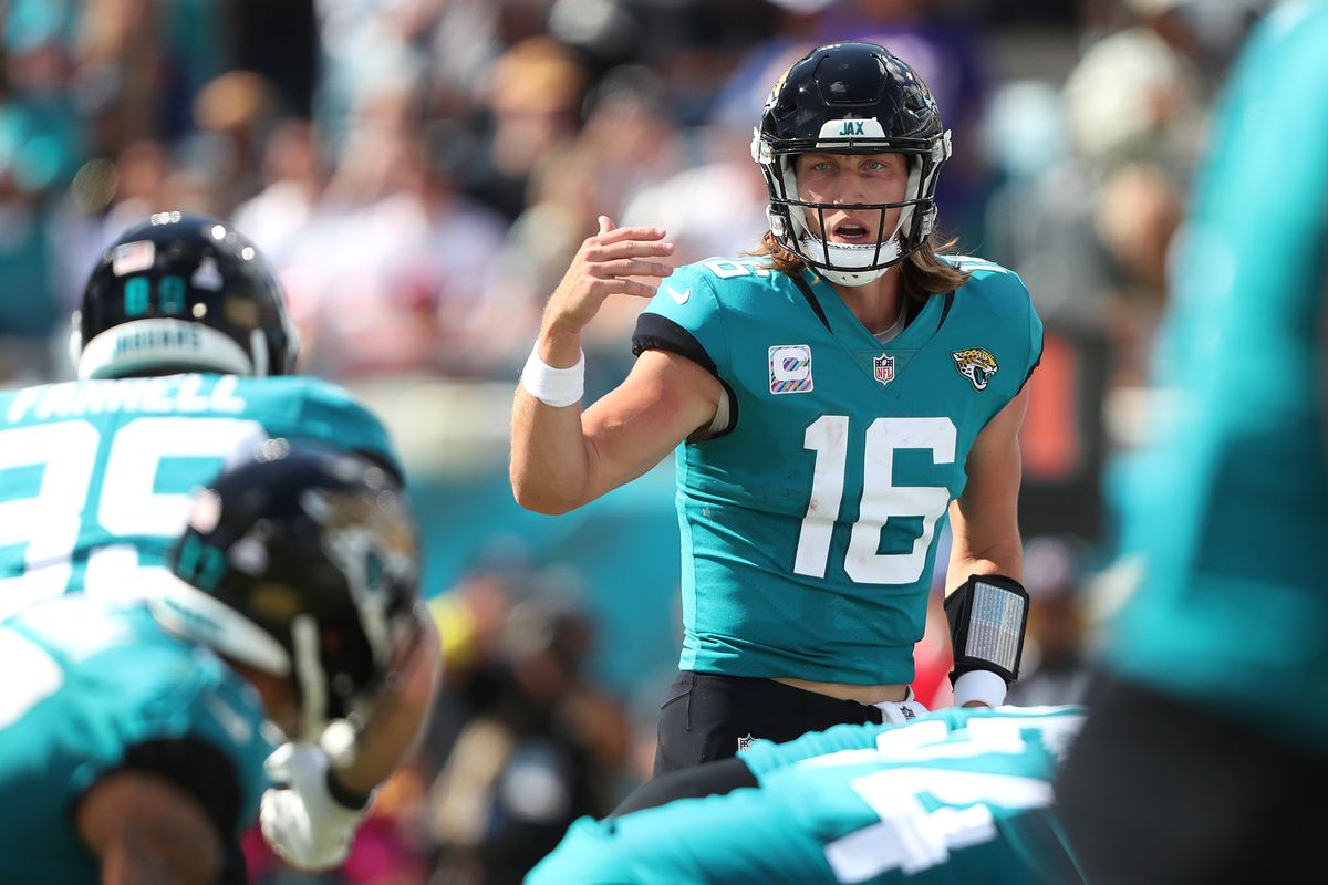 JACKSONVILLE, FLORIDA - OCTOBER 23: Trevor Lawrence #16 of the Jacksonville Jaguars in action during the second half against the New York Giants at TIAA Bank Field on October 23, 2022 in Jacksonville, Florida.