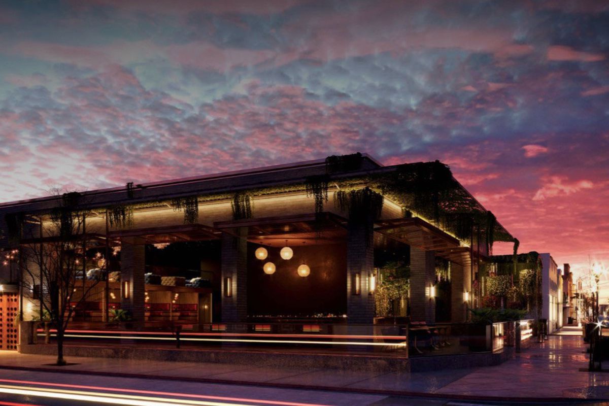 A rendering of a massive corner restaurant.
