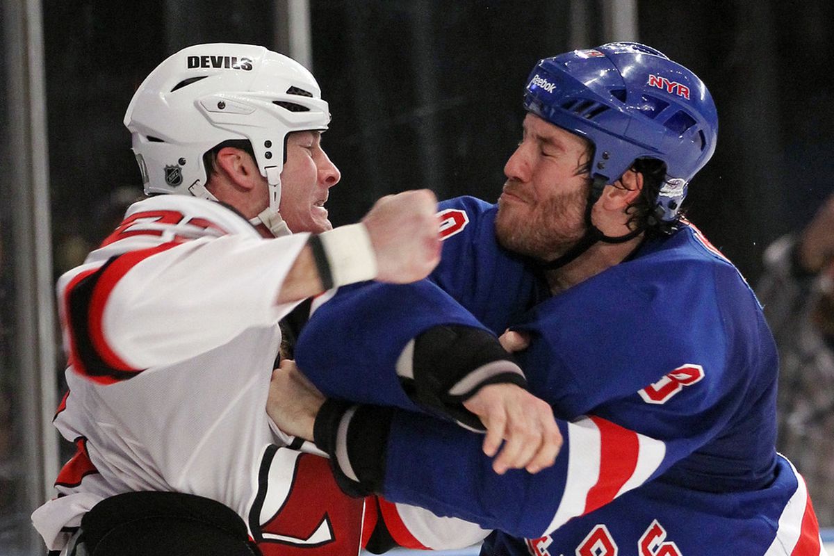 NEW YORK, NY - FEBRUARY 27:  Eric Boulton #22 of the New Jersey Devils and Brandon Prust #8 of the New York Rangers fight during the second period at Madison Square Garden on February 27, 2012 in New York City.  (Photo by Bruce Bennett/Getty Images)