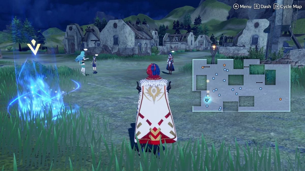 Person with red and blue hair and a cape with a map on the right hand side of the image. Night time.