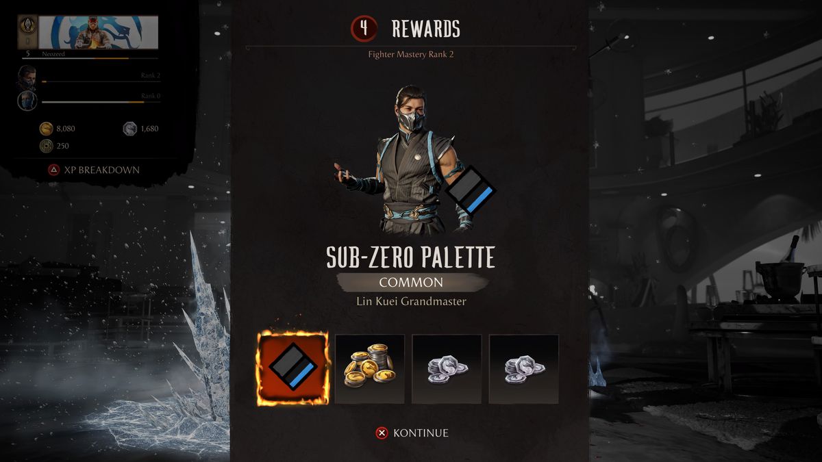 A screenshot from Mortal Kombat 1 showing a menu with unlockable rewards, including a palette for Sub-Zero and a variety of in-game currencies