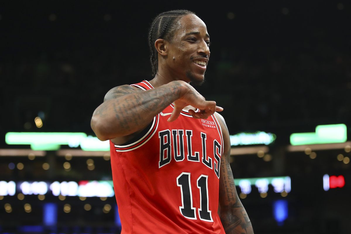 DeMar DeRozan #11 of the Chicago Bulls reacts after scoring in the second half of a game against the Boston Celtics at TD Garden on November 1, 2021 in Boston, Massachusetts.&nbsp;