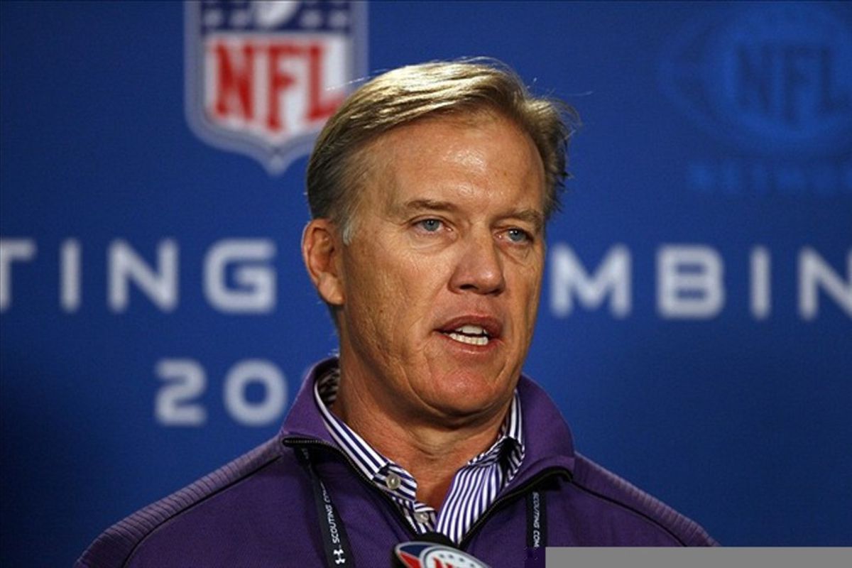 Feb 24, 2012; Indianapolis, IN, USA; Denver Broncos general manager John Elway speaks at a press conference during the NFL Combine at Lucas Oil Stadium. Mandatory Credit: Brian Spurlock-US PRESSWIRE