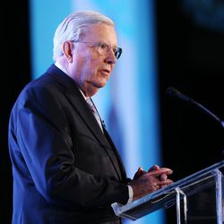 Elder M. Russell Ballard of the Quorum of the Twelve Apostles of The Church of Jesus Christ of Latter-day Saints gives the keynote address during the opening session of the World Congress of Families IX at the Grand America in Salt Lake City on Tuesday, Oct. 27, 2015. 