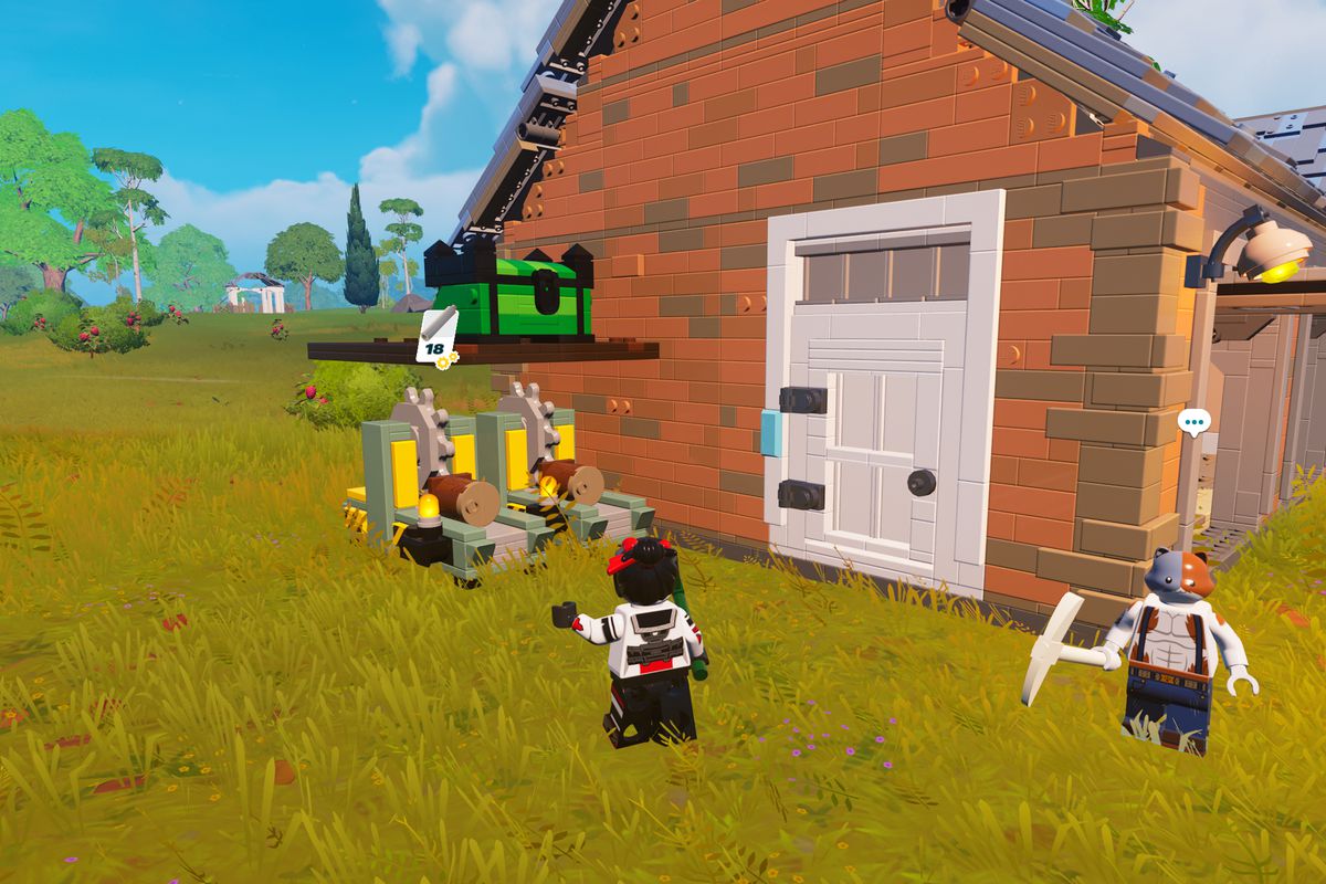 A Lego Fortnite character overlooks some lumber mills