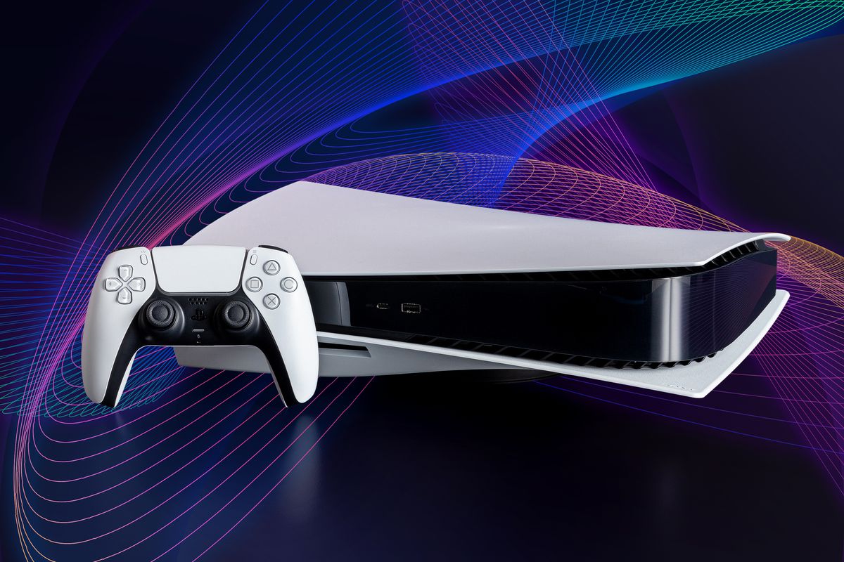 A photo of a PlayStation 5 console with a colorful wave graphic set behind it.