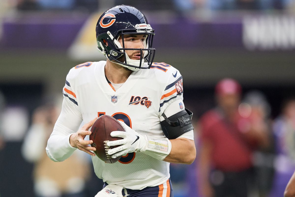 Mitchell Trubisky of the Chicago Bears looks to pass the ball against the Minnesota Vikings during the game at U.S. Bank Stadium on December 29, 2019 in Minneapolis, Minnesota. The Bears defeated the Vikings 21-19.