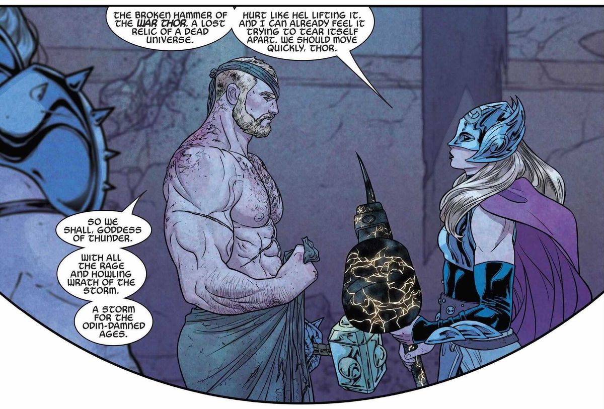 Odinson and Mighty Thor discuss War Thor's hammer.