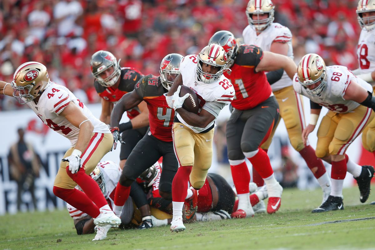 Matt Breida of the San Francisco 49ers rushes during the game against the Tampa Bay Buccaneers at Raymond James Stadium on September 8, 2019 in Tampa, Florida.